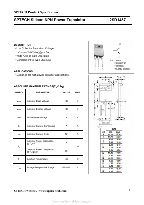 2SD1487 Datasheet PDF Shenzhen SPTECH Microelectronics Co., Ltd.