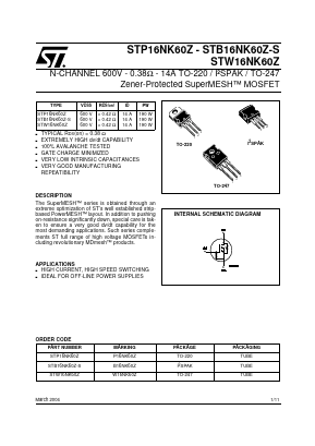 P16NK60Z Datasheet PDF STMicroelectronics