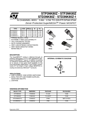 STP3NK80Z Datasheet PDF STMicroelectronics