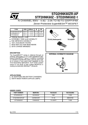 STD2HNK60Z-1 Datasheet PDF STMicroelectronics