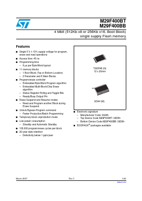 M29F400BT70N1 Datasheet PDF STMicroelectronics