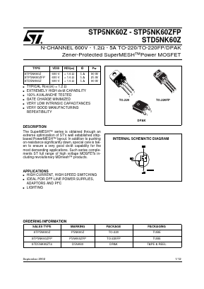 P5NK60ZFP Datasheet PDF STMicroelectronics