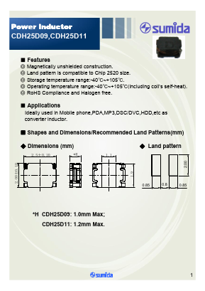 CDH25D09HF-R47NC Datasheet PDF Sumida Corporation