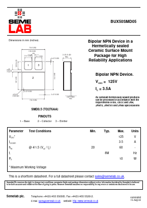 BUX50SMD05 Datasheet PDF Semelab - > TT Electronics plc 