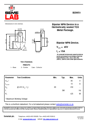 BDW51 Datasheet PDF Semelab - > TT Electronics plc 