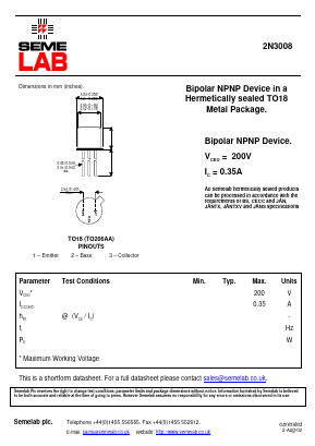 2N3008 Datasheet PDF Semelab - > TT Electronics plc 