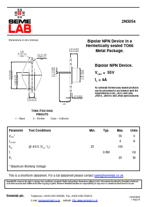 2N3054 Datasheet PDF Semelab - > TT Electronics plc 