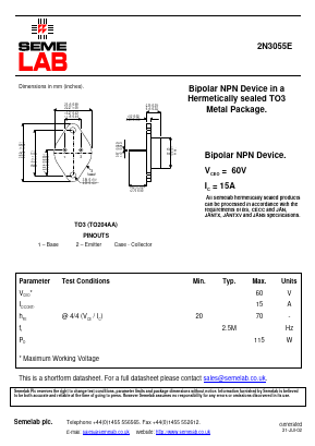 2N3055E Datasheet PDF Semelab - > TT Electronics plc 