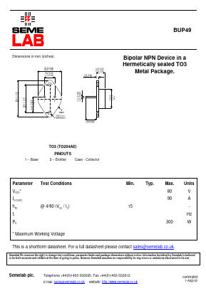 BUP49 Datasheet PDF Semelab - > TT Electronics plc 