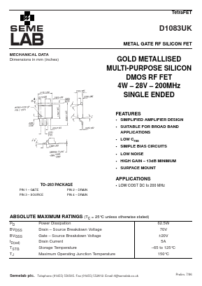 D1083UK Datasheet PDF Semelab - > TT Electronics plc 