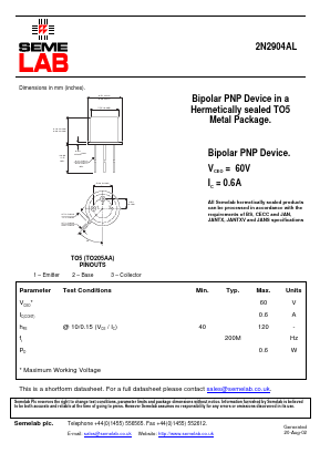 2N2904AL Datasheet PDF Semelab - > TT Electronics plc 