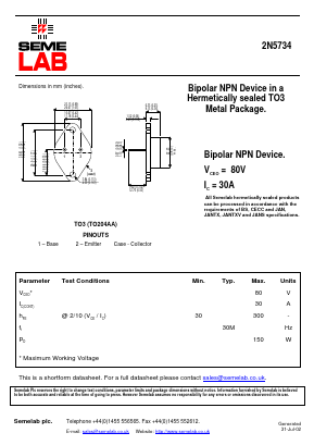 2N5734 Datasheet PDF Semelab - > TT Electronics plc 