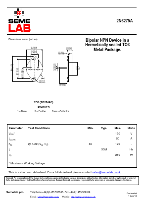 2N6275A Datasheet PDF Semelab - > TT Electronics plc 