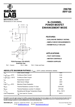 2N6788 Datasheet PDF Semelab - > TT Electronics plc 