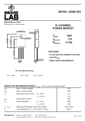 2N7081-220M-ISO Datasheet PDF Semelab - > TT Electronics plc 