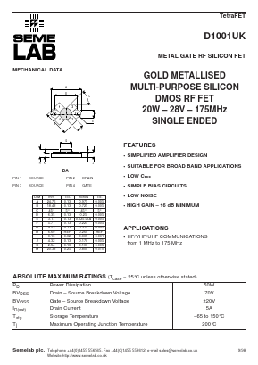 D1001UK Datasheet PDF Semelab - > TT Electronics plc 