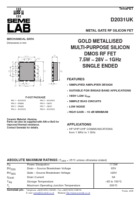 D2031UK Datasheet PDF Semelab - > TT Electronics plc 