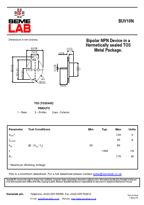 BUV10N Datasheet PDF Semelab - > TT Electronics plc 