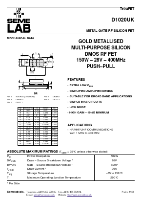 D1020 Datasheet PDF Semelab - > TT Electronics plc 