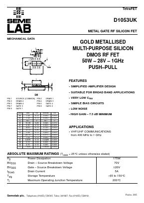 D1053 Datasheet PDF Semelab - > TT Electronics plc 