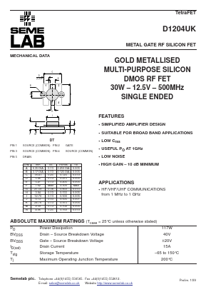 D1204 Datasheet PDF Semelab - > TT Electronics plc 