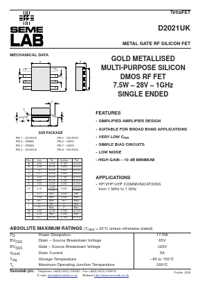 D2021 Datasheet PDF Semelab - > TT Electronics plc 