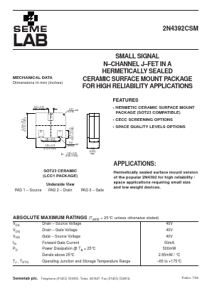 2N4392CSM Datasheet PDF Semelab - > TT Electronics plc 