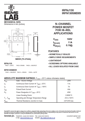 IRFN130SMD05 Datasheet PDF Semelab - > TT Electronics plc 