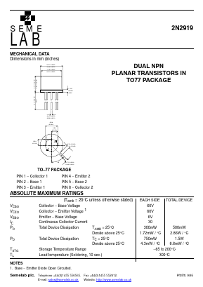 2N2919 Datasheet PDF Semelab - > TT Electronics plc 