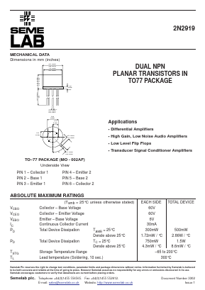 2N2919 Datasheet PDF Semelab - > TT Electronics plc 