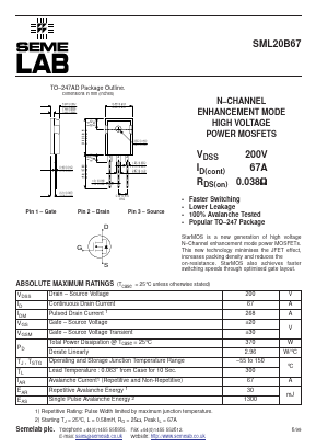 SML20B67F Datasheet PDF Semelab - > TT Electronics plc 