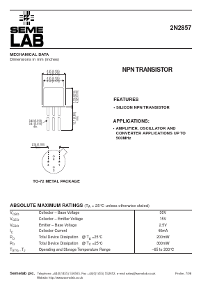 2N2857 Datasheet PDF Semelab - > TT Electronics plc 