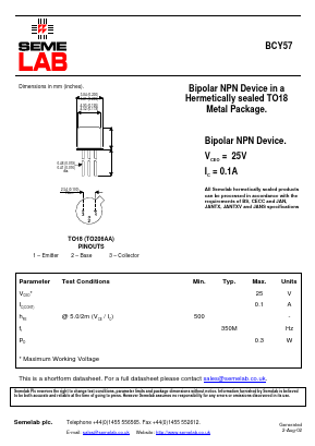 BCY57 Datasheet PDF Semelab - > TT Electronics plc 