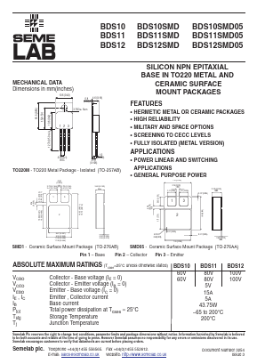 BDS11SMD05 Datasheet PDF Semelab - > TT Electronics plc 