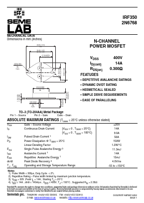 IRF350 Datasheet PDF Semelab - > TT Electronics plc 
