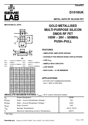 D1018UK Datasheet PDF Semelab - > TT Electronics plc 