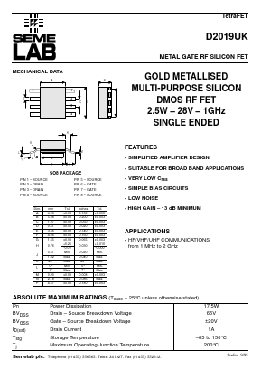 D2019 Datasheet PDF Semelab - > TT Electronics plc 