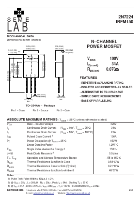2N7224 Datasheet PDF Semelab - > TT Electronics plc 