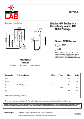 BDY23A Datasheet PDF Semelab - > TT Electronics plc 