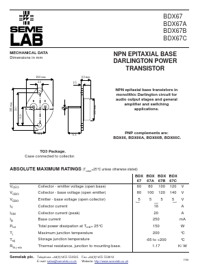 BDX67B Datasheet PDF Semelab - > TT Electronics plc 
