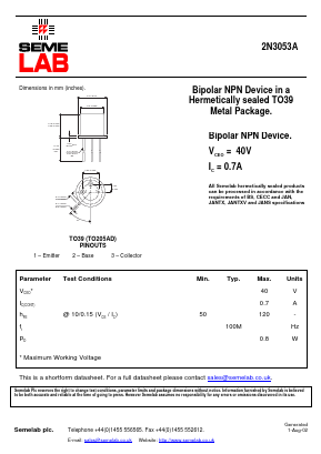 2N3053A Datasheet PDF Semelab - > TT Electronics plc 