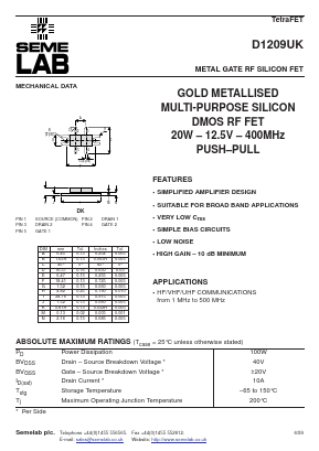 D1209UK Datasheet PDF Semelab - > TT Electronics plc 