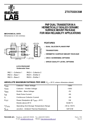 ZTX753DCSM_00 Datasheet PDF Semelab - > TT Electronics plc 
