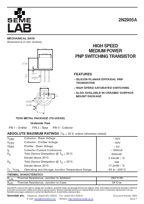 2N2905A Datasheet PDF Semelab - > TT Electronics plc 