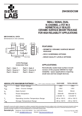 2N4393DCSM Datasheet PDF Semelab - > TT Electronics plc 