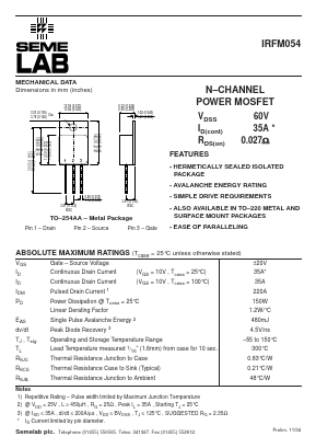 IRFM054 Datasheet PDF Semelab - > TT Electronics plc 