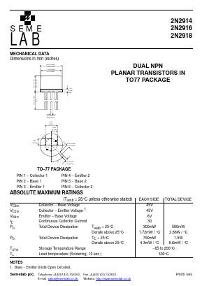 2N2918 Datasheet PDF Semelab - > TT Electronics plc 