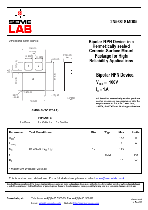 2N5681SMD05 Datasheet PDF Semelab - > TT Electronics plc 