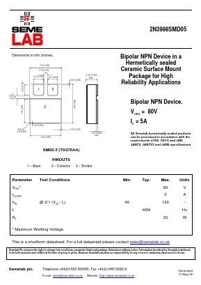 2N3998SMD05 Datasheet PDF Semelab - > TT Electronics plc 