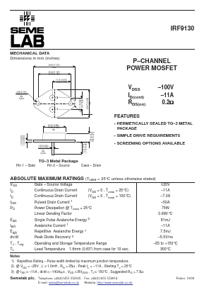 IRF9130 Datasheet PDF Semelab - > TT Electronics plc 